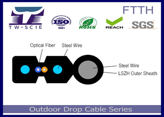 1-4-rdzeniowy kabel FTTH Drop Cable FRP / Steel Strength Member Pokryty płaskim kablem optycznym